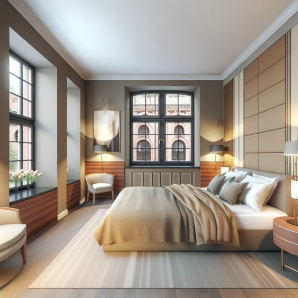 Elegancki pokój gościnny z wyrafinowanym wystrojem i wygodnym łóżkiem