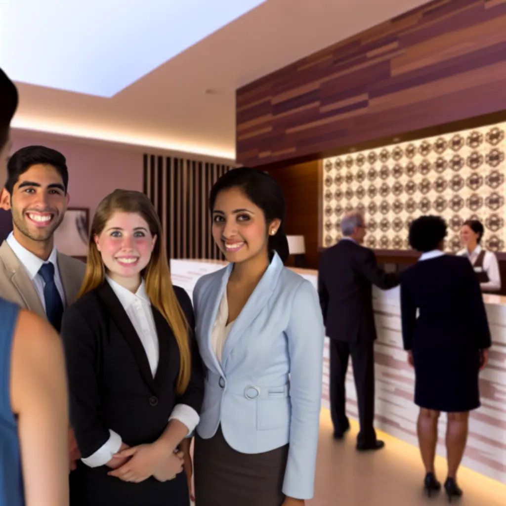 Zespół recepcji hotelu StayFlowCenter witający gości uśmiechem