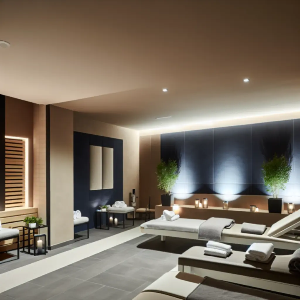 Kameralna strefa spa z leżakami i nastrojowym oświetleniem