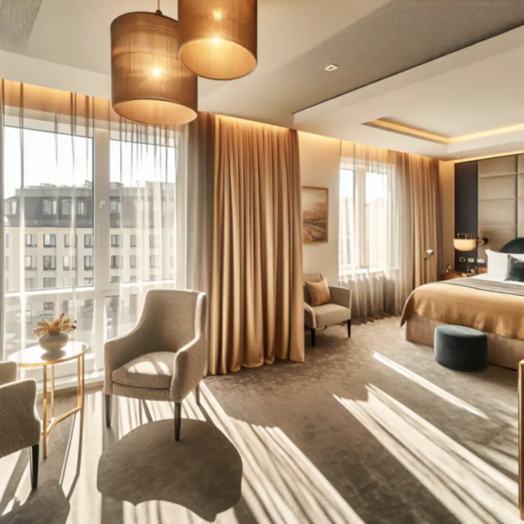 Elegancka suita hotelowa z przestronną częścią wypoczynkową i dużym łóżkiem