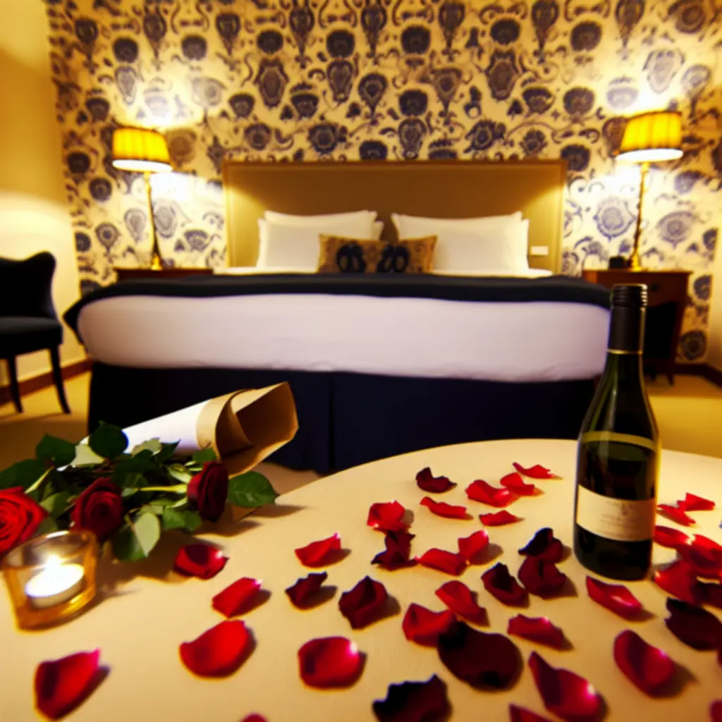 Romantycznie przygotowany pokój hotelowy z kwiatami i śniadaniem